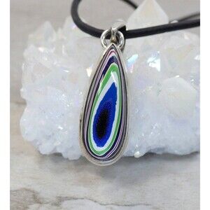 1967 Detroit Agate- Apatite- Peridot- Sterling Silver- Leather Pendant Necklace